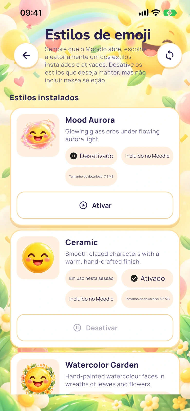 Estilos de emoji instalados no Moodlo com controles para ativar e desativar.