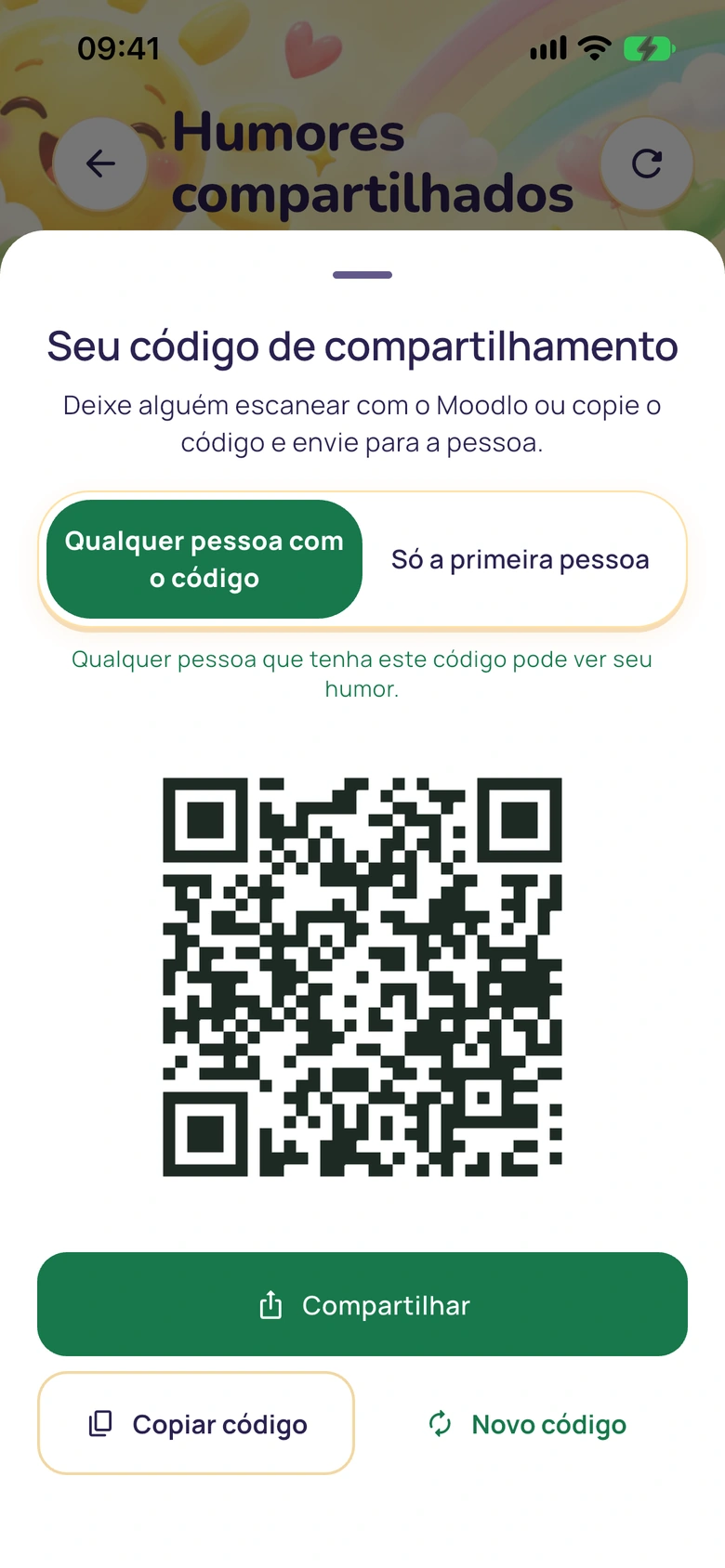 A janela do código de compartilhamento com um código QR e botões para compartilhar, copiar o código ou criar um novo