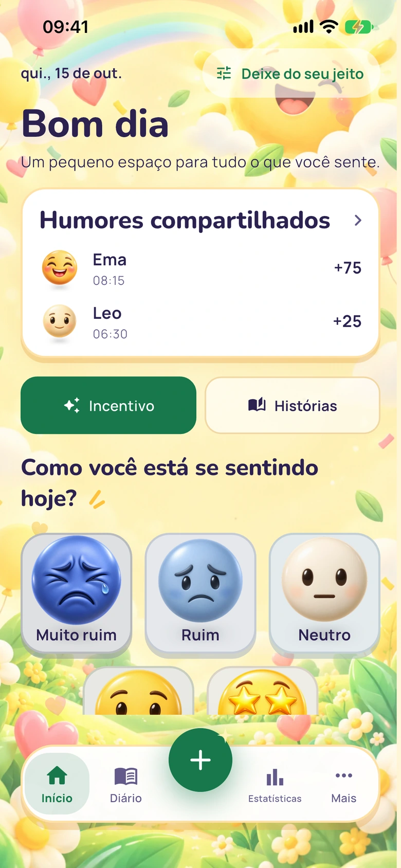 Tela inicial do Moodlo com o cartão Humores compartilhados: Ema com +75 e Leo com +25
