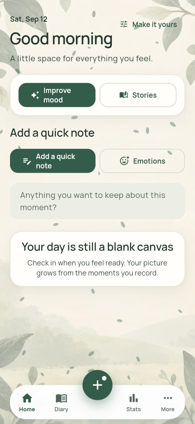 Moodlo quick-note screen with Add a quick note and Emotions actions.