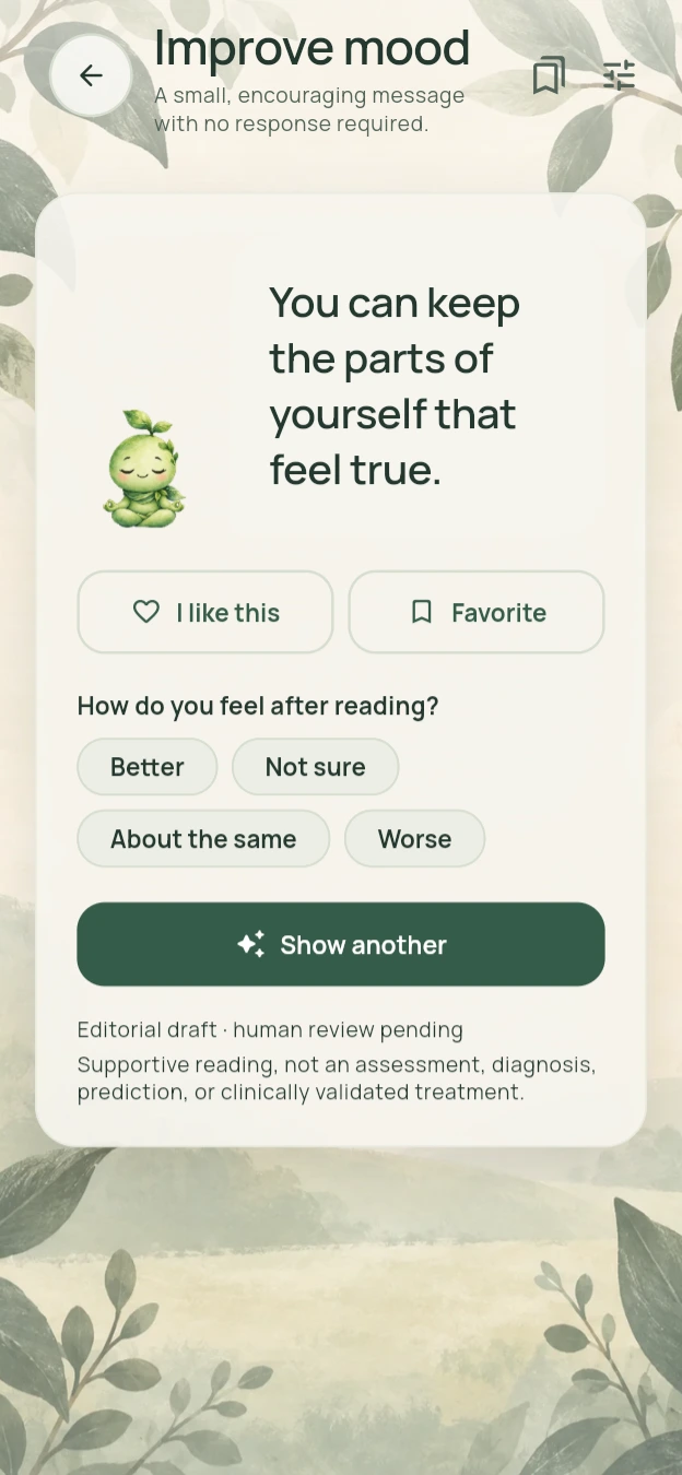 Moodlo Improve mood screen showing a gentle reading and feedback choices.