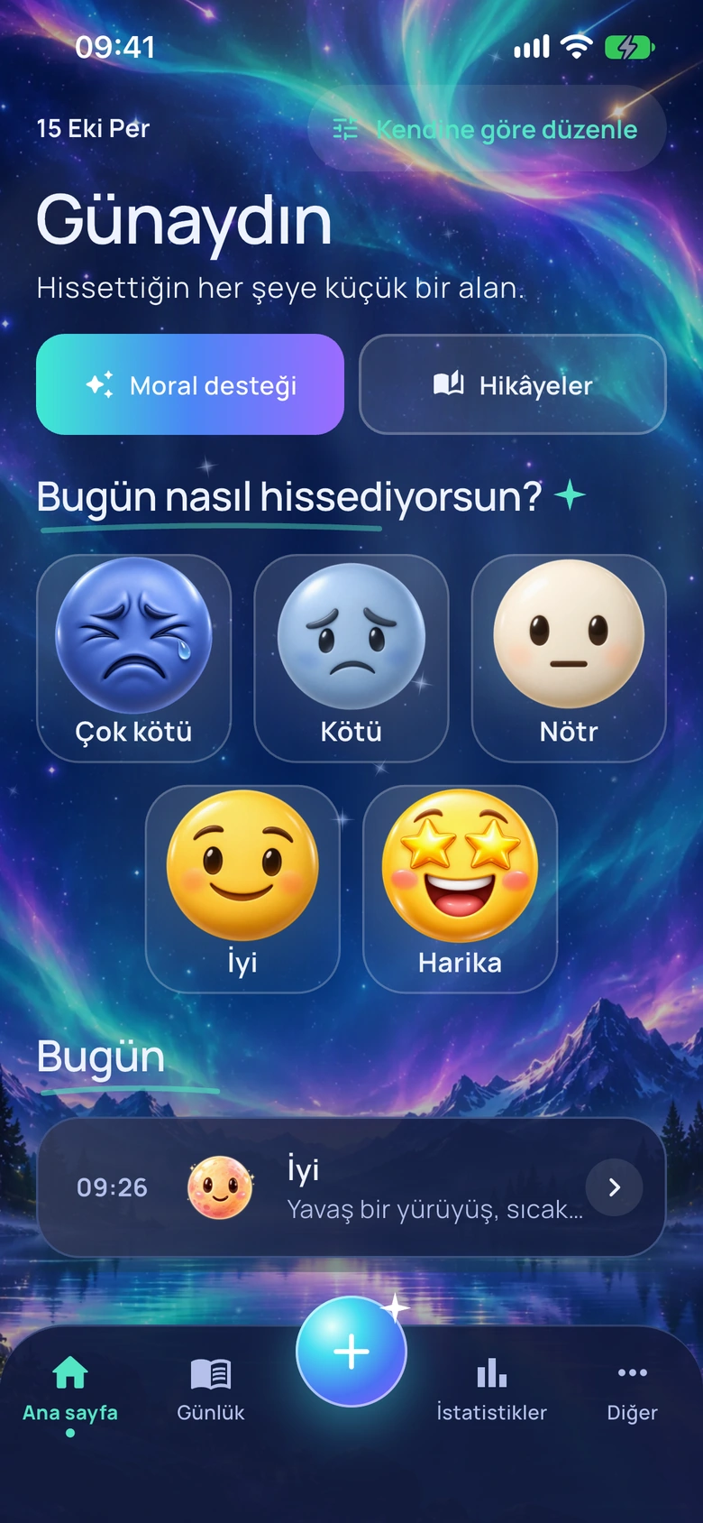 Ruh Hâli Kutup Işığı tasarımında Moodlo ana ekranı