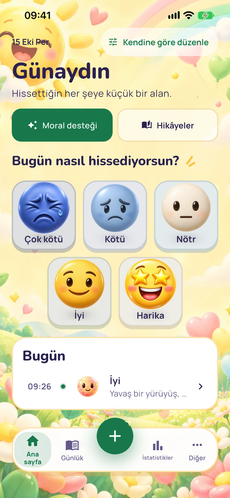 Güneşli Pop tasarımında Moodlo ana ekranı