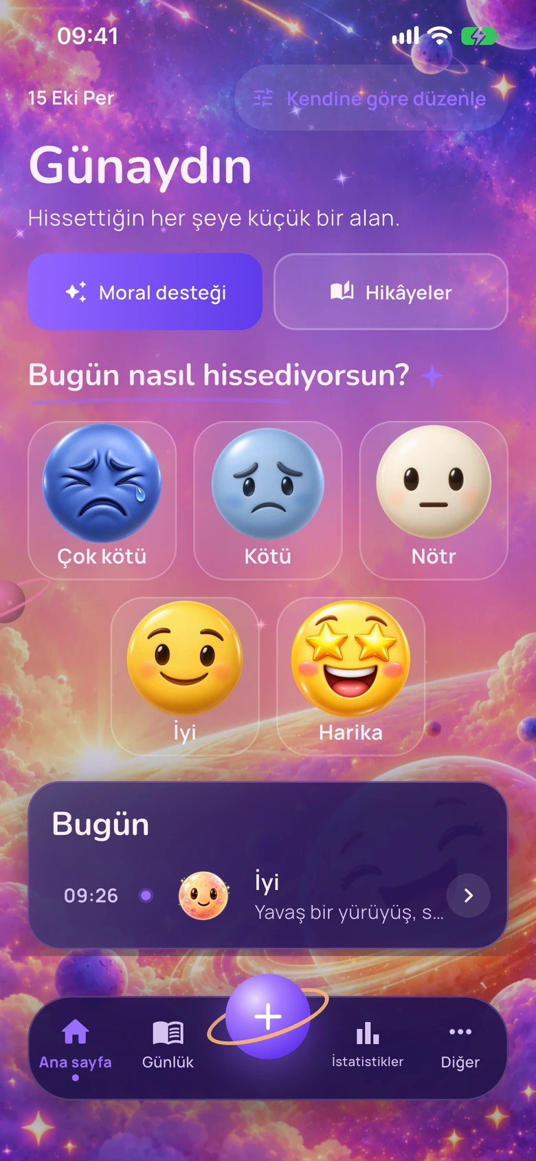 Emoji Evreni tasarımında Moodlo ana ekranı