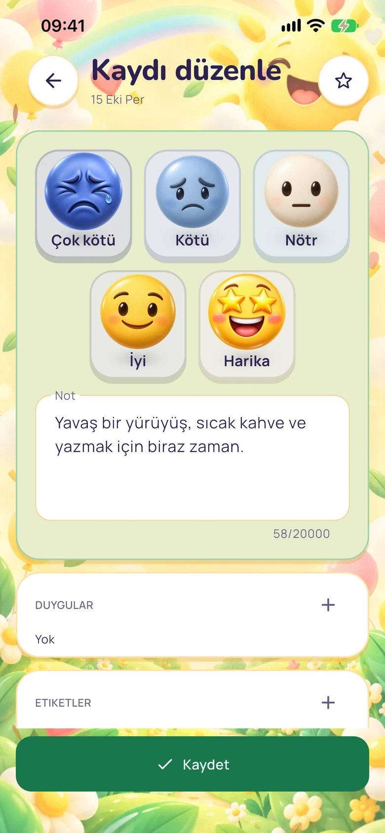 Ruh hâli seçenekleri, not, duygular ve etiketler içeren Moodlo günlük düzenleyicisi.