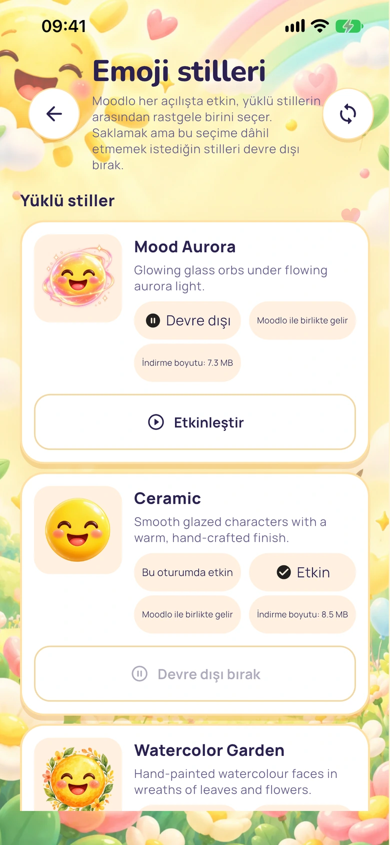 Moodlo’da yüklü emoji stilleri ve bunları etkinleştirme veya devre dışı bırakma kontrolleri.