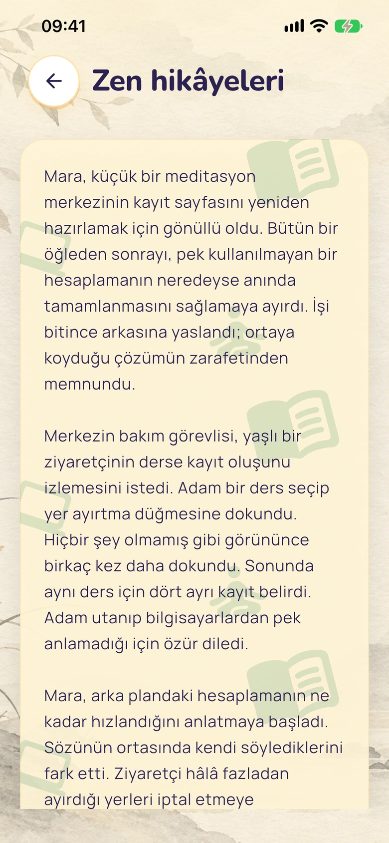 Resimli bir arka plan üzerinde Moodlo'nun Zen hikâyesi okuyucusu.