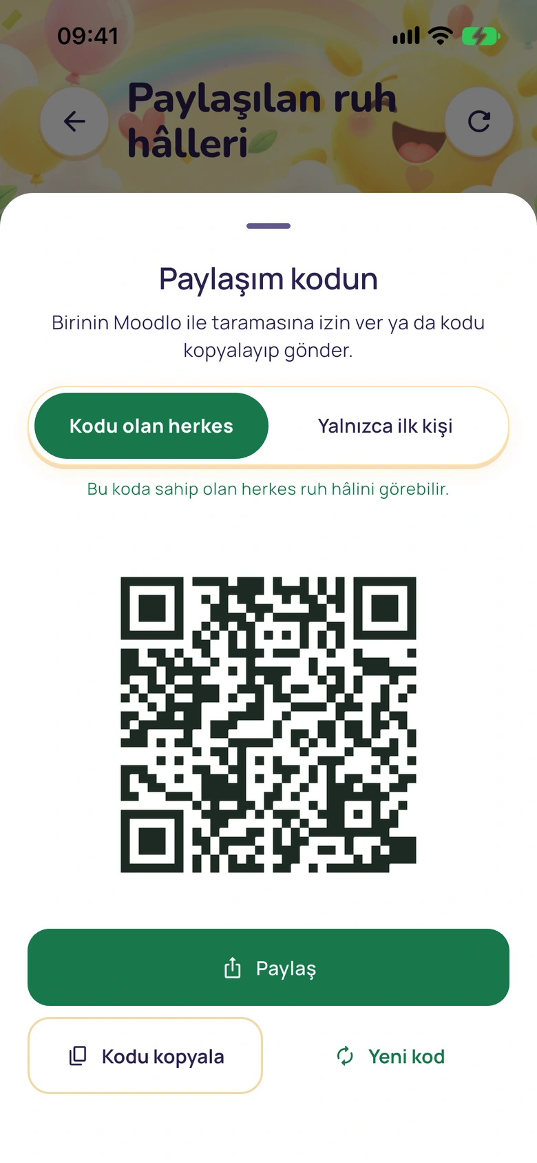 QR kodu ve paylaşma, kodu kopyalama ve yeni kod düğmeleriyle paylaşım kodu penceresi