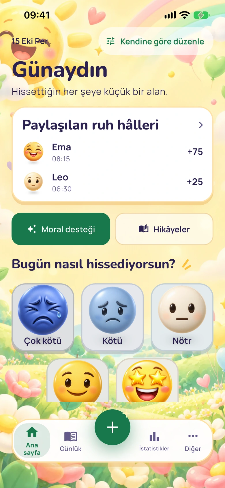 Paylaşılan ruh hâlleri kartıyla Moodlo ana ekranı: Ema +75 ve Leo +25