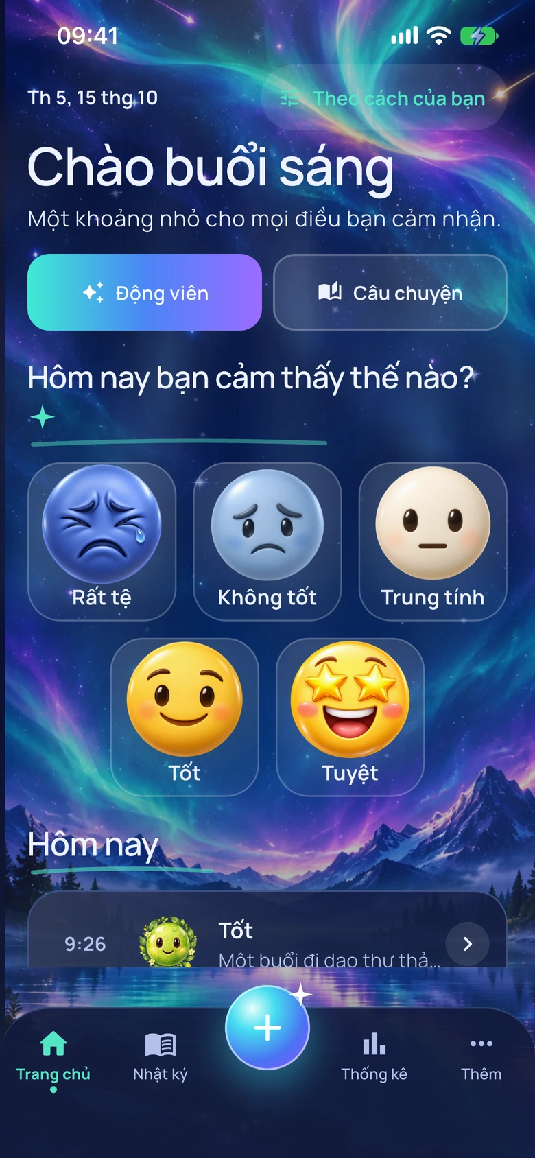 Màn hình chính của Moodlo với giao diện Cực quang tâm trạng
