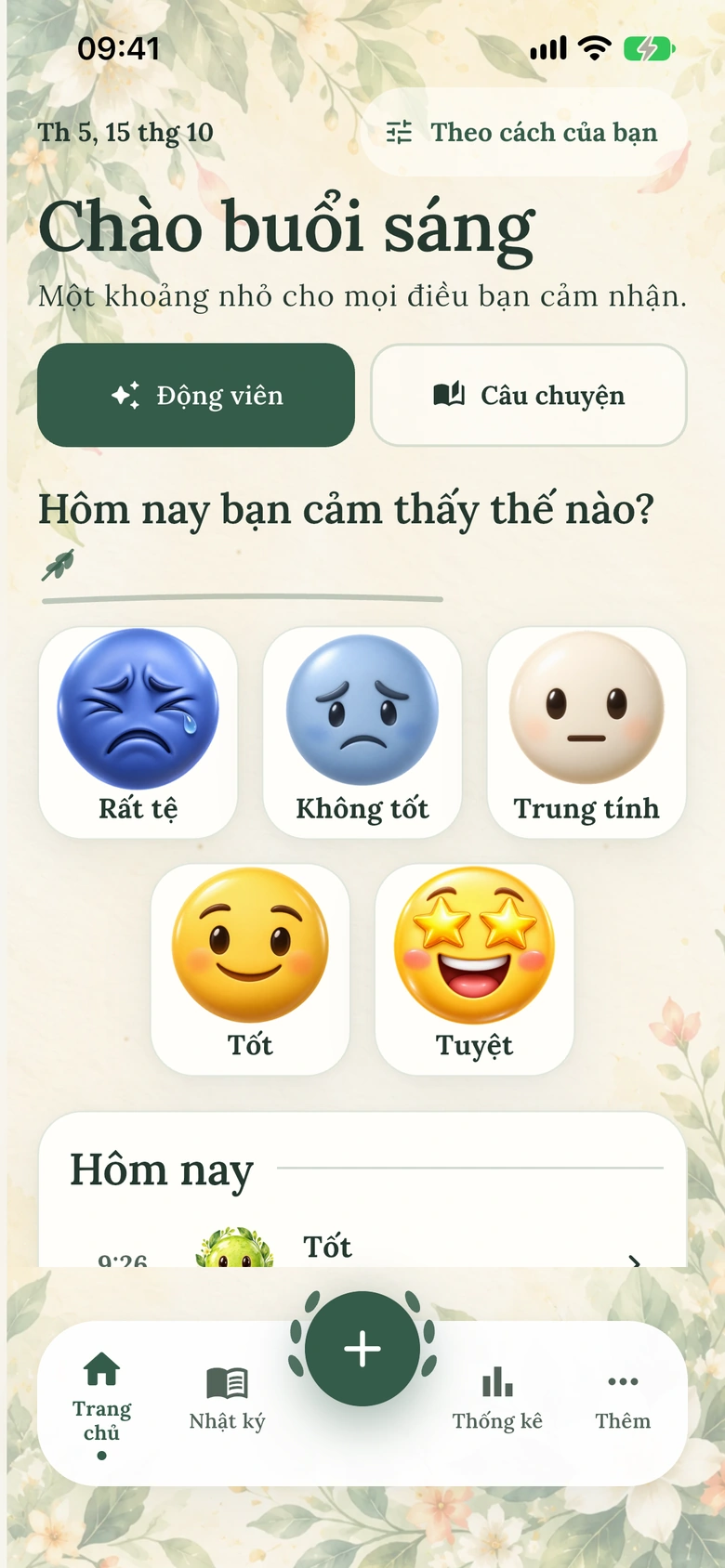 Màn hình chính của Moodlo với giao diện Khu vườn màu nước