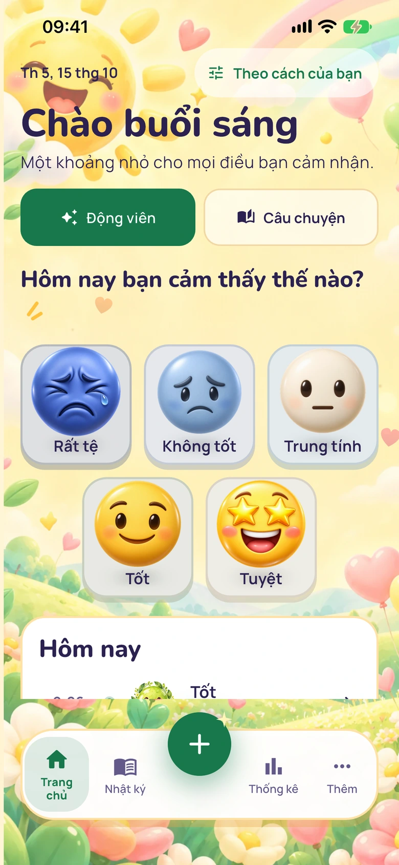 Màn hình chính của Moodlo với giao diện Pop rực nắng