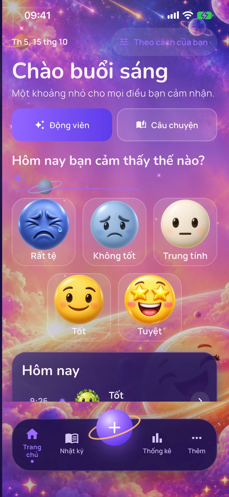 Màn hình chính của Moodlo với giao diện Vũ trụ emoji