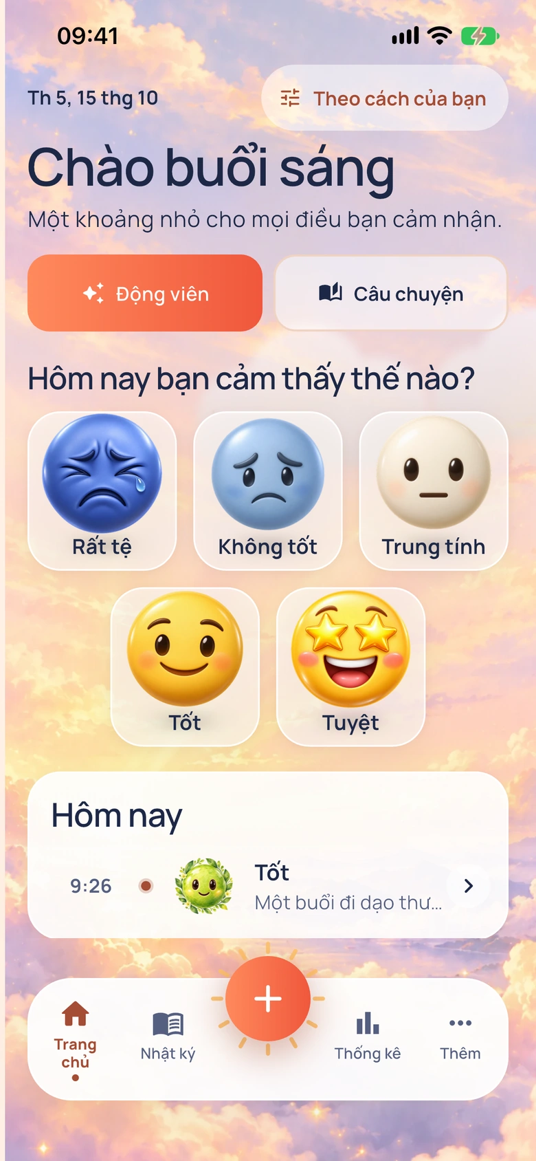 Màn hình chính của Moodlo với giao diện Thời tiết tâm trạng