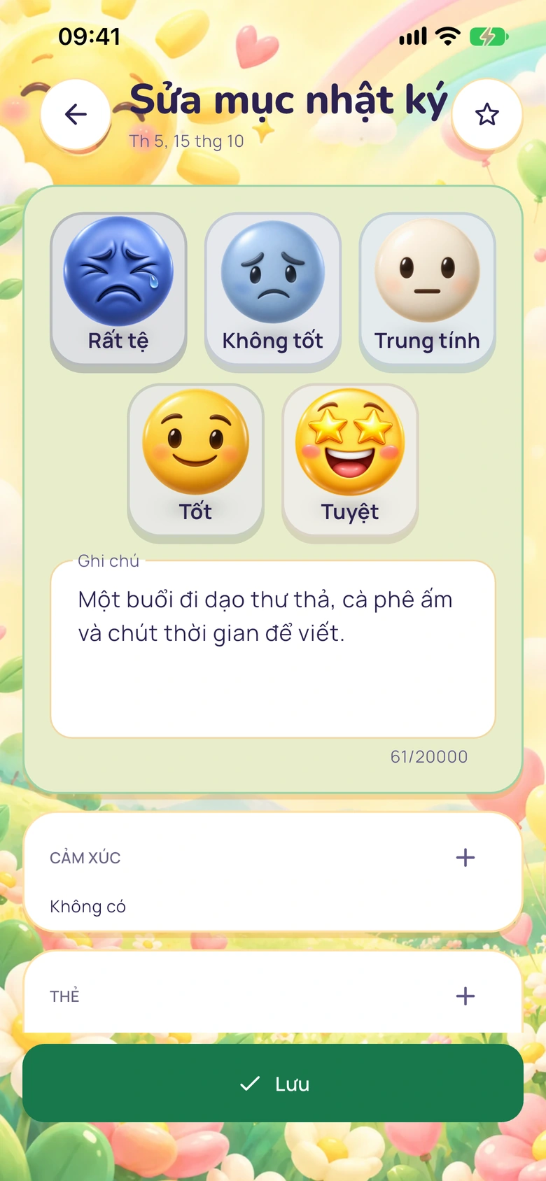 Trình soạn nhật ký Moodlo với lựa chọn tâm trạng, ghi chú, cảm xúc và thẻ.