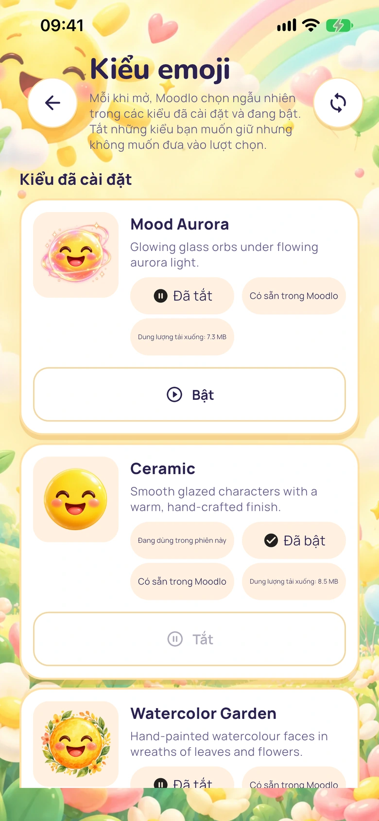 Các phong cách emoji đã cài trong Moodlo cùng nút bật và tắt.