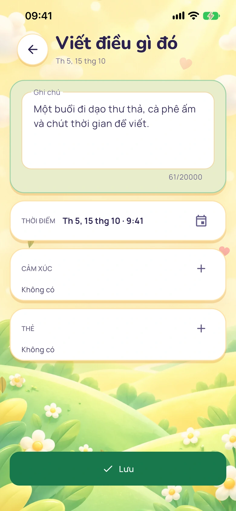 Màn hình ghi chú nhanh của Moodlo với ô nhập văn bản, nút lưu và bộ chọn cảm xúc.