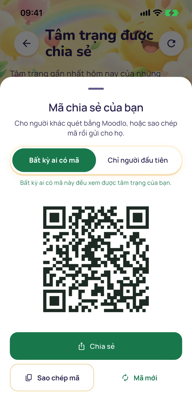 Bảng mã chia sẻ với mã QR và các nút để chia sẻ, sao chép mã hoặc tạo mã mới