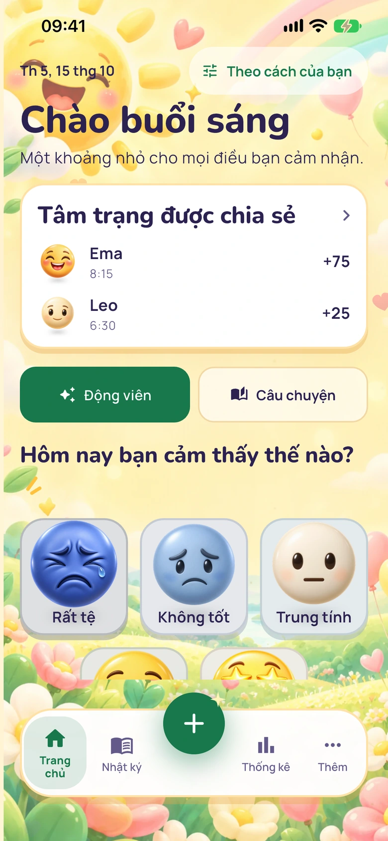 Màn hình chính Moodlo với thẻ Tâm trạng được chia sẻ: Ema +75 và Leo +25